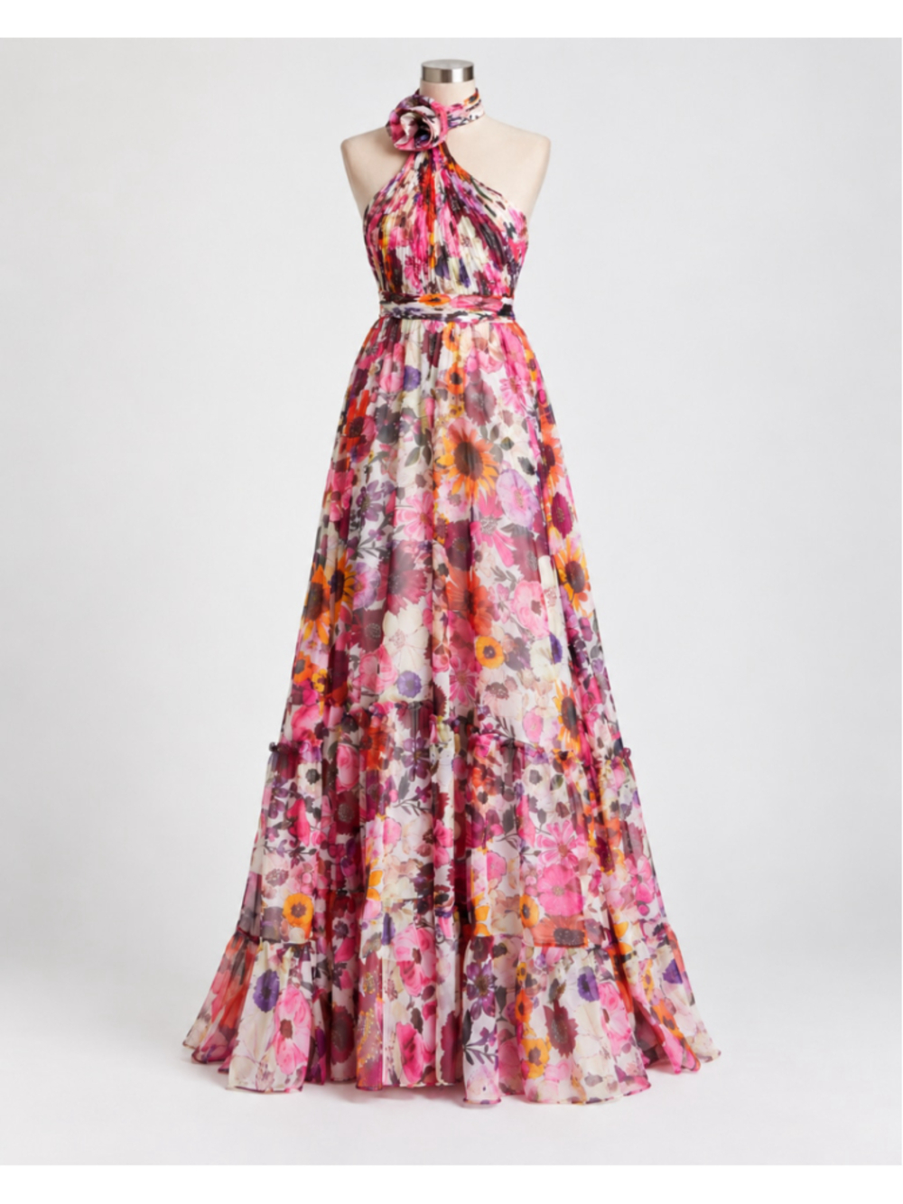 Mac Duggal Floral Chiffon Halter Rosette Gown Black Multi Size 10 NWT - Picture 4 of 8